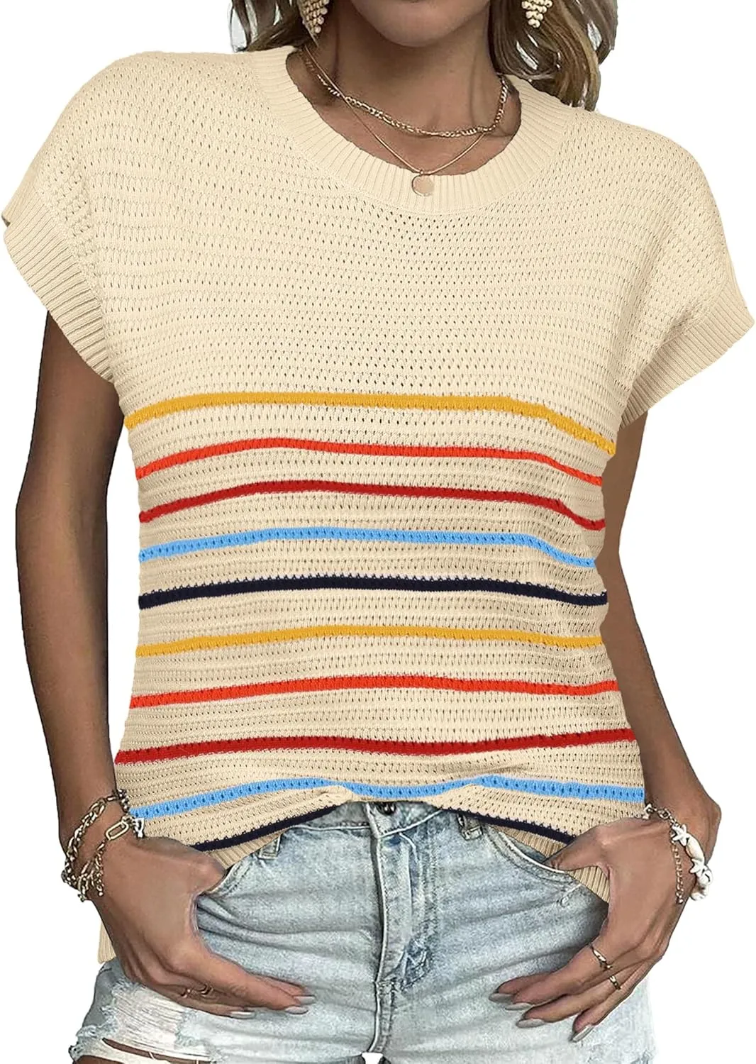 Zeagoo Women's Cap Sleeve Sweaters Vest Crew Neck Knit Sweater Tops 2025 Casual Summer Sleeveless T Shirt