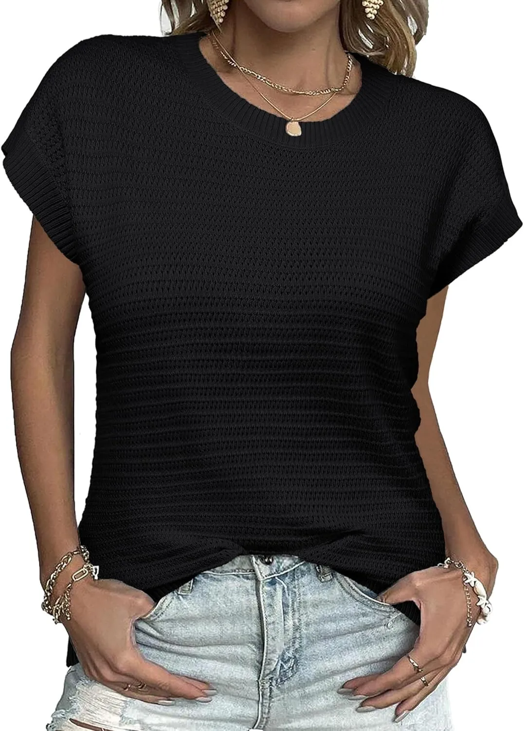 Zeagoo Women's Cap Sleeve Sweaters Vest Crew Neck Knit Sweater Tops 2025 Casual Summer Sleeveless T Shirt