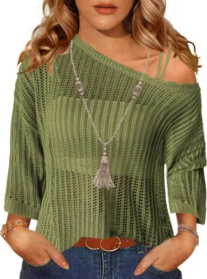 Zeagoo Womens Summer Tops Crochet Sweaters Resort Wear 3/4 Sleeve Hollow Out Knit Tops 2025 Beach Coverup