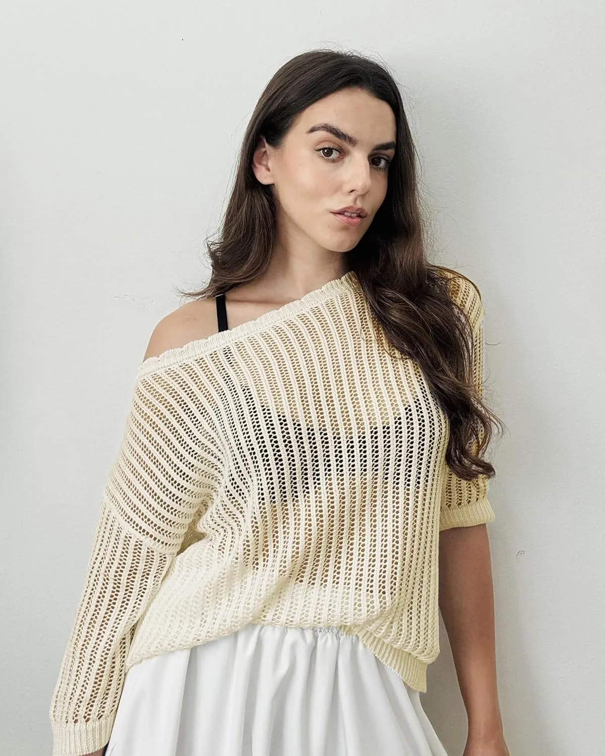 Zeagoo Womens Summer Tops Crochet Sweaters Resort Wear 3/4 Sleeve Hollow Out Knit Tops 2025 Beach Coverup