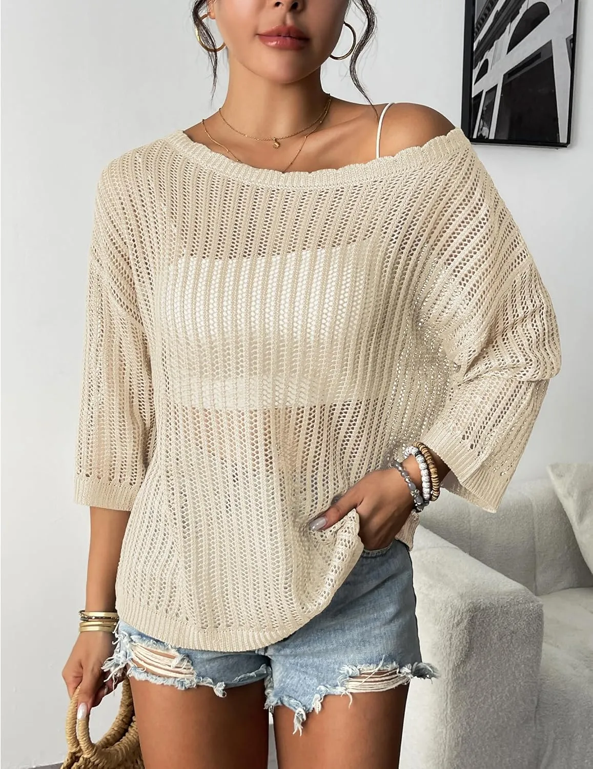 Zeagoo Womens Summer Tops Crochet Sweaters Resort Wear 3/4 Sleeve Hollow Out Knit Tops 2025 Beach Coverup