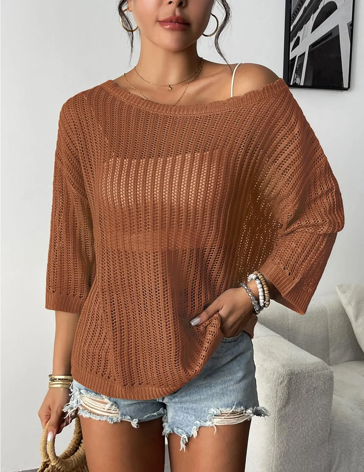 Zeagoo Womens Summer Tops Crochet Sweaters Resort Wear 3/4 Sleeve Hollow Out Knit Tops 2025 Beach Coverup