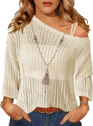 Zeagoo Womens Summer Tops Crochet Sweaters Resort Wear 3/4 Sleeve Hollow Out Knit Tops 2025 Beach Coverup