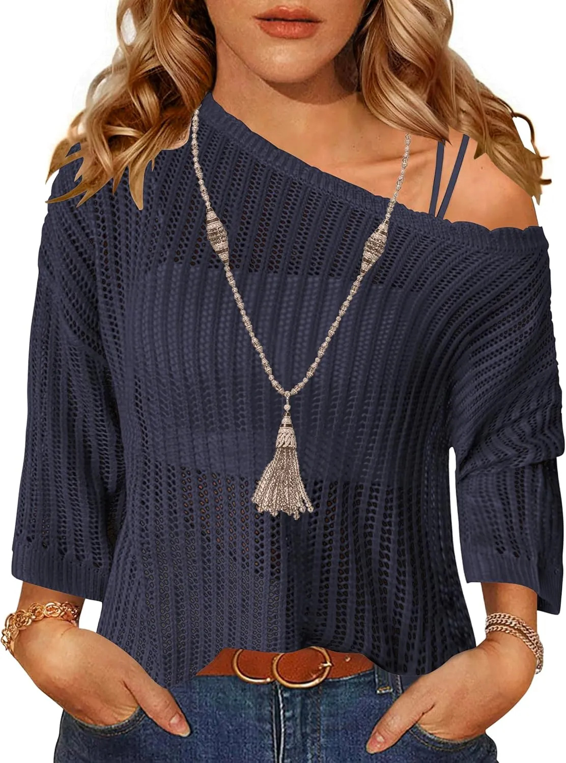 Zeagoo Womens Summer Tops Crochet Sweaters Resort Wear 3/4 Sleeve Hollow Out Knit Tops 2025 Beach Coverup