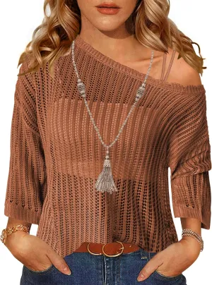 Zeagoo Womens Summer Tops Crochet Sweaters Resort Wear 3/4 Sleeve Hollow Out Knit Tops 2025 Beach Coverup