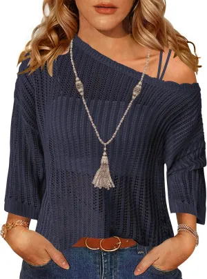 Zeagoo Womens Summer Tops Crochet Sweaters Resort Wear 3/4 Sleeve Hollow Out Knit Tops 2025 Beach Coverup