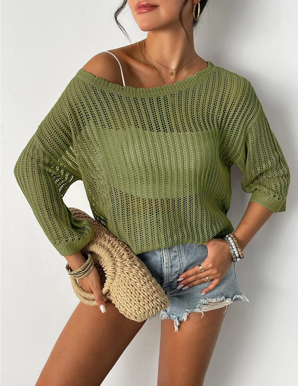 Zeagoo Womens Summer Tops Crochet Sweaters Resort Wear 3/4 Sleeve Hollow Out Knit Tops 2025 Beach Coverup