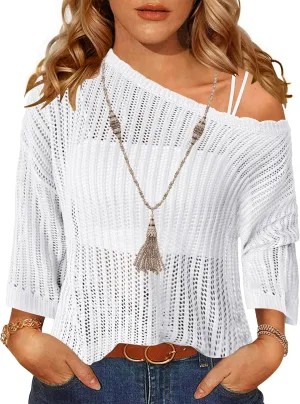Zeagoo Womens Summer Tops Crochet Sweaters Resort Wear 3/4 Sleeve Hollow Out Knit Tops 2025 Beach Coverup