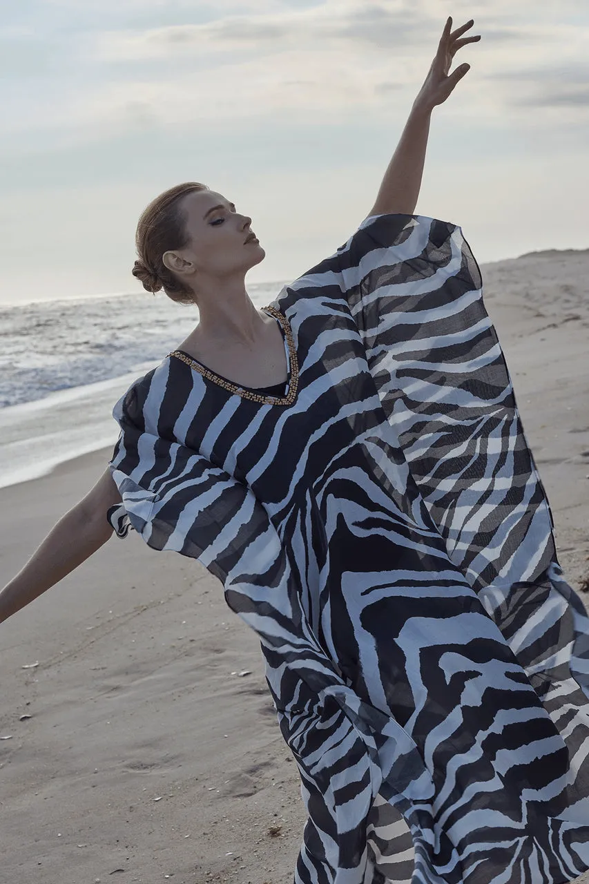 Zebra Cotton Silk Beaded Sheer Caftan