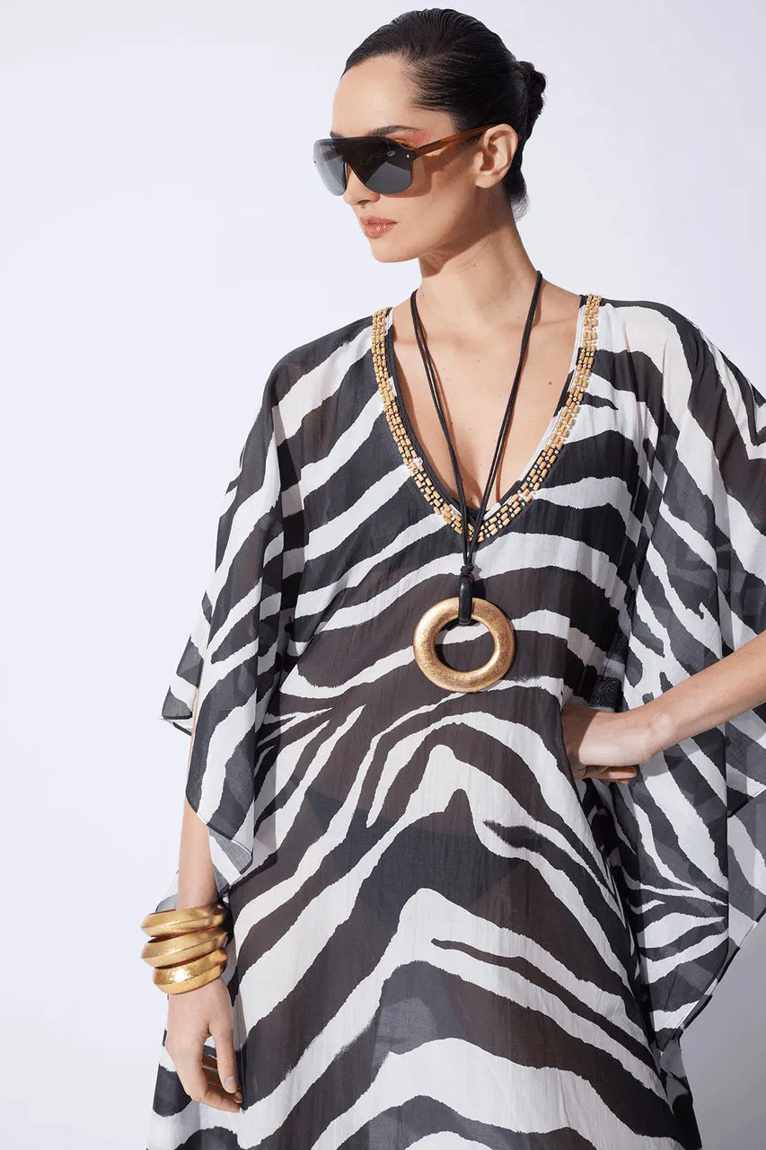 Zebra Cotton Silk Beaded Sheer Caftan