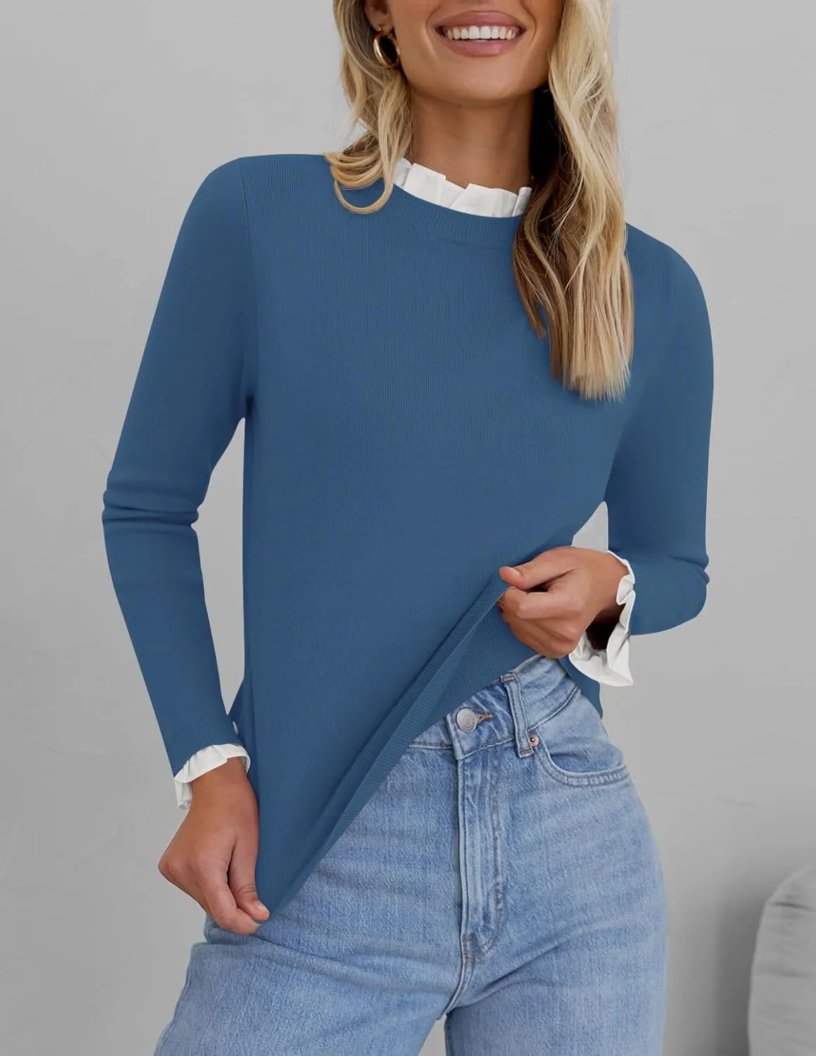 ZESICA Womens Long Sleeve Ruffle Sweaters 2025 Fall Crewneck Color Block Slim Fit Basic Casual Knit Pullover Sweater Tops