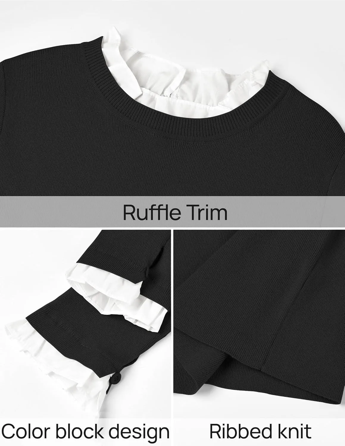 ZESICA Womens Long Sleeve Ruffle Sweaters 2025 Fall Crewneck Color Block Slim Fit Basic Casual Knit Pullover Sweater Tops
