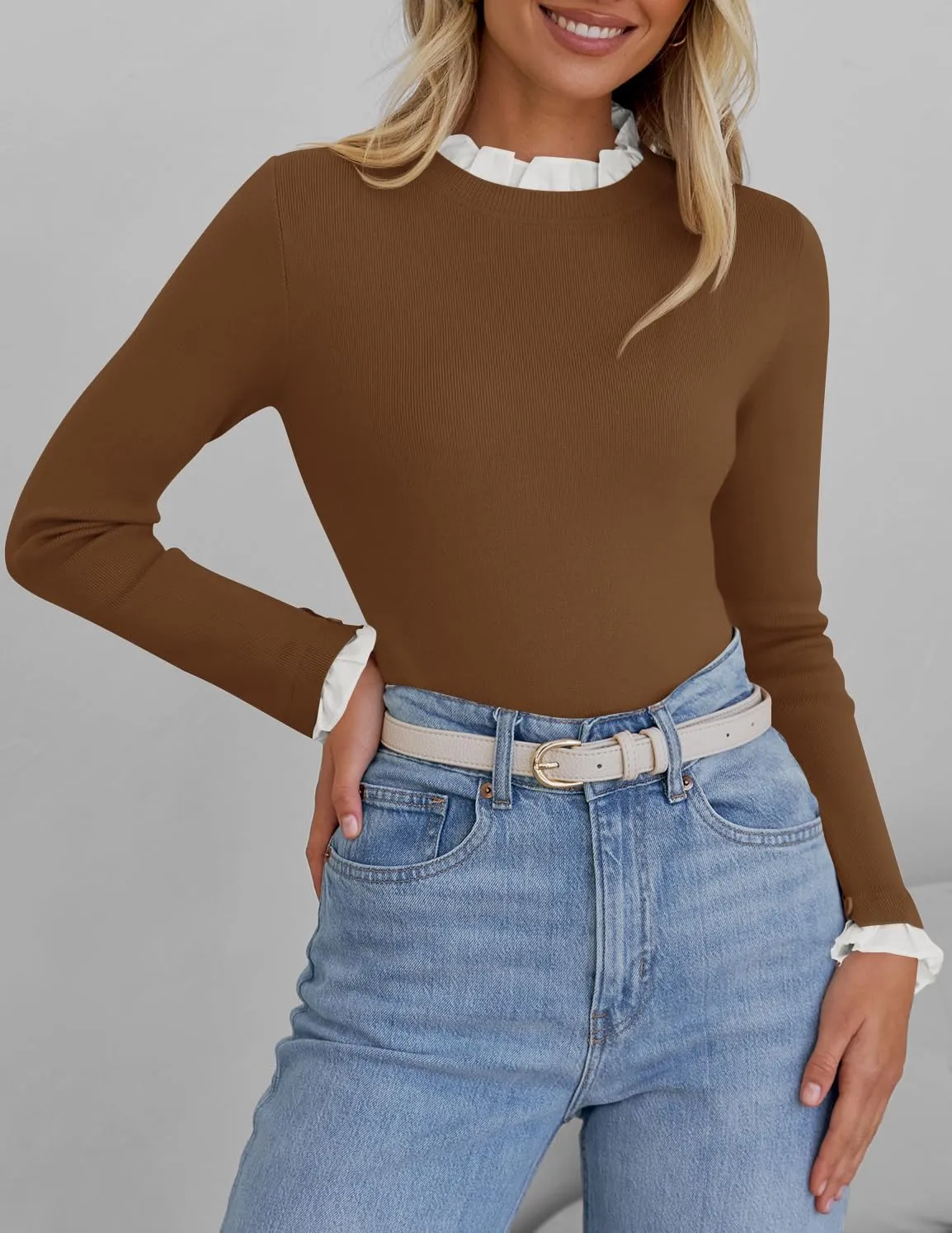 ZESICA Womens Long Sleeve Ruffle Sweaters 2025 Fall Crewneck Color Block Slim Fit Basic Casual Knit Pullover Sweater Tops