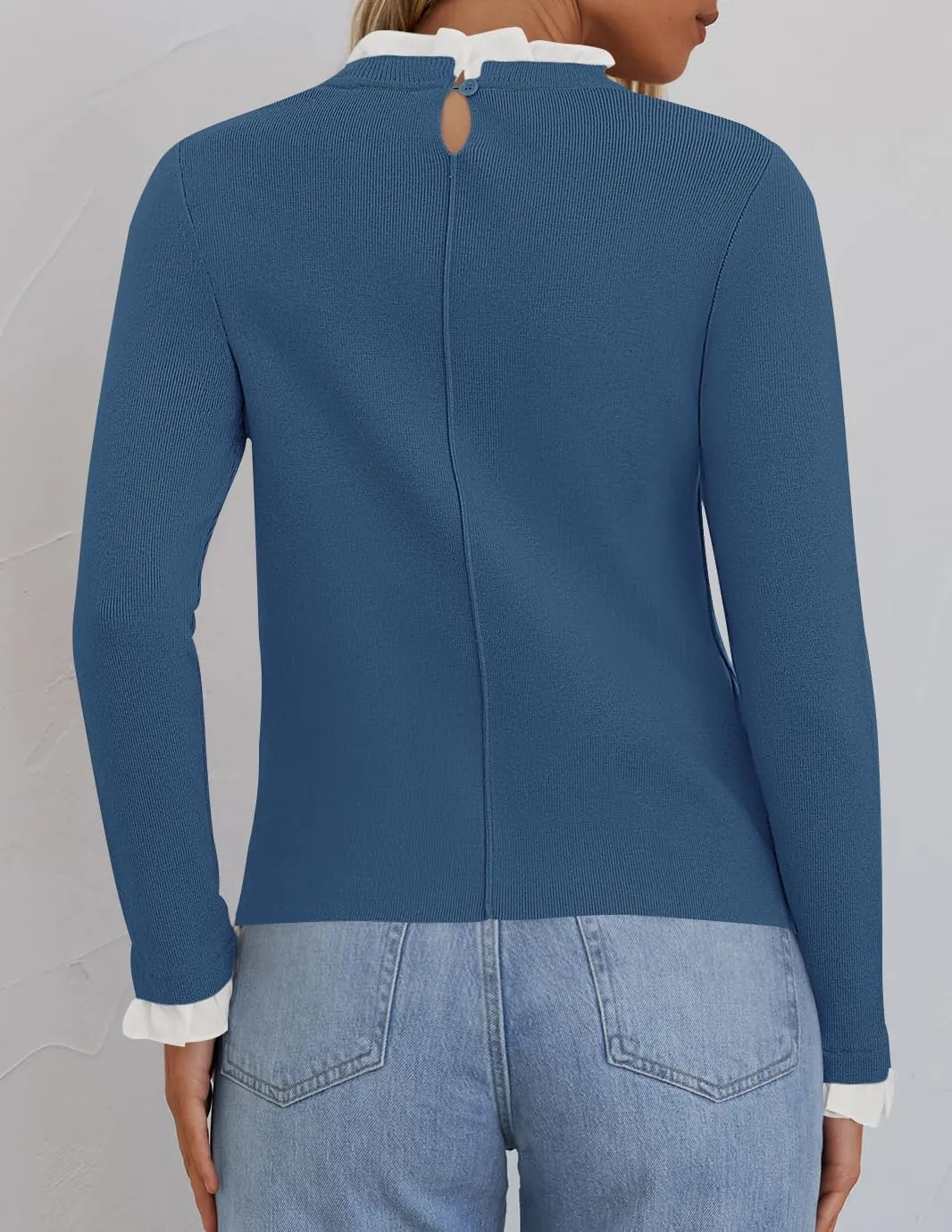 ZESICA Womens Long Sleeve Ruffle Sweaters 2025 Fall Crewneck Color Block Slim Fit Basic Casual Knit Pullover Sweater Tops