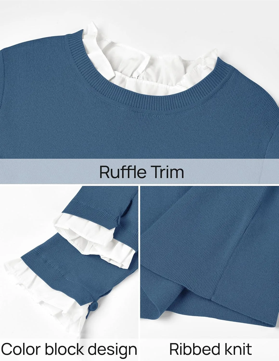 ZESICA Womens Long Sleeve Ruffle Sweaters 2025 Fall Crewneck Color Block Slim Fit Basic Casual Knit Pullover Sweater Tops