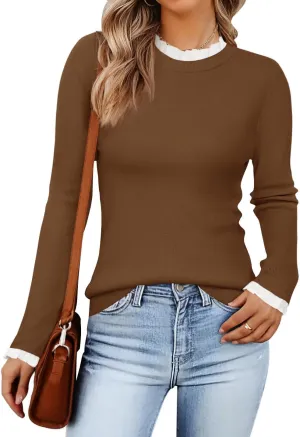 ZESICA Womens Long Sleeve Ruffle Sweaters 2025 Fall Crewneck Color Block Slim Fit Basic Casual Knit Pullover Sweater Tops