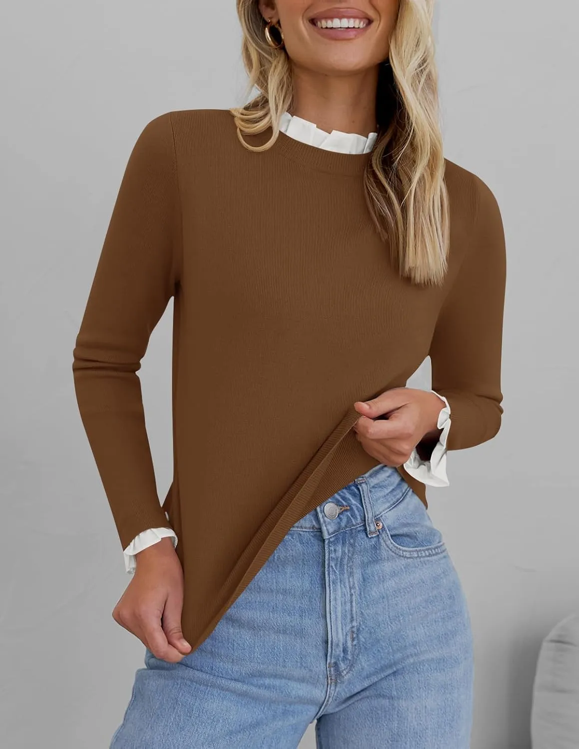 ZESICA Womens Long Sleeve Ruffle Sweaters 2025 Fall Crewneck Color Block Slim Fit Basic Casual Knit Pullover Sweater Tops