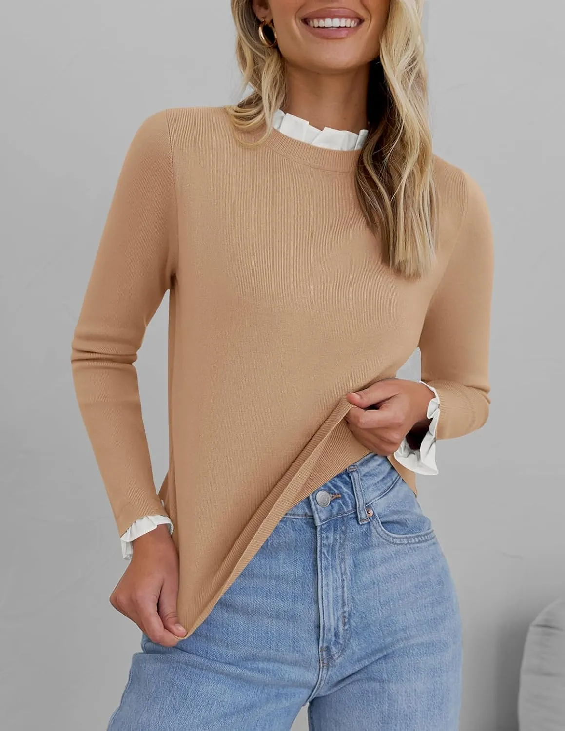 ZESICA Womens Long Sleeve Ruffle Sweaters 2025 Fall Crewneck Color Block Slim Fit Basic Casual Knit Pullover Sweater Tops