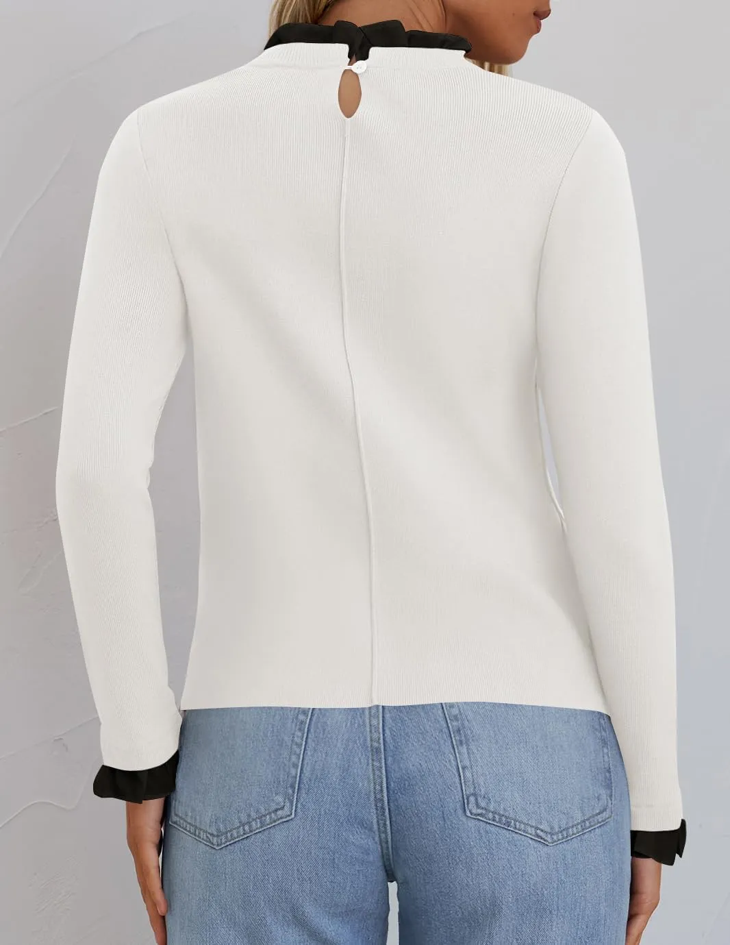 ZESICA Womens Long Sleeve Ruffle Sweaters 2025 Fall Crewneck Color Block Slim Fit Basic Casual Knit Pullover Sweater Tops