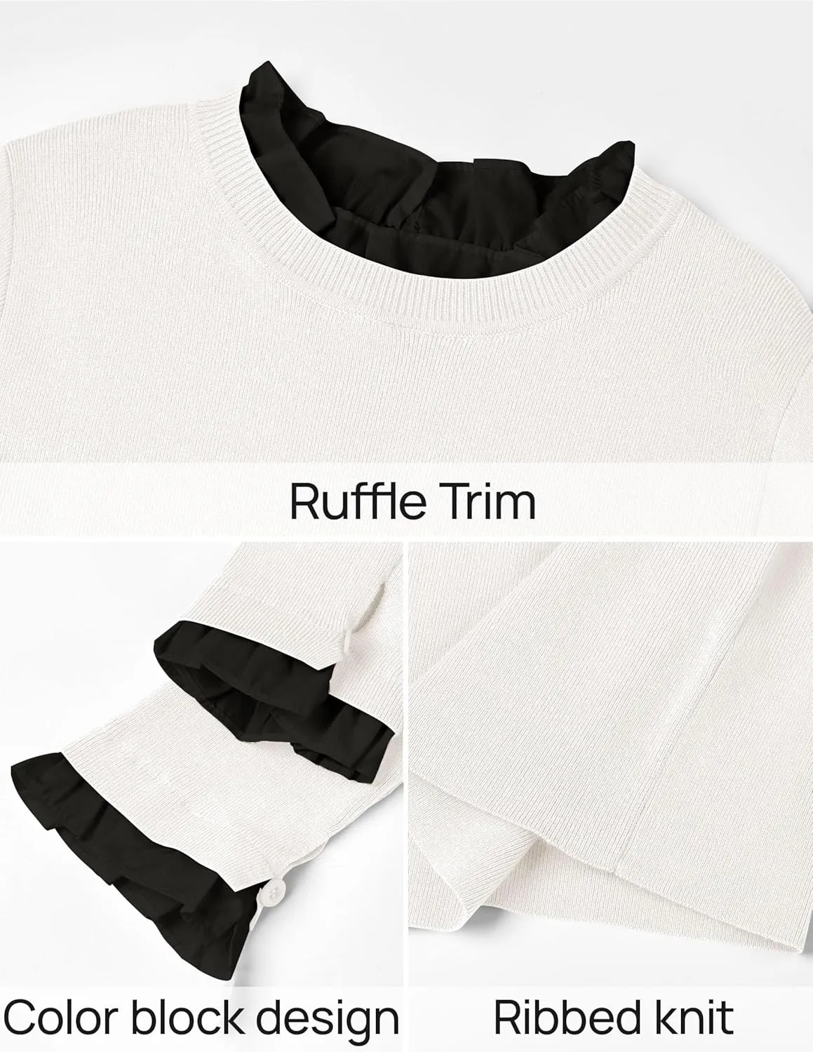 ZESICA Womens Long Sleeve Ruffle Sweaters 2025 Fall Crewneck Color Block Slim Fit Basic Casual Knit Pullover Sweater Tops