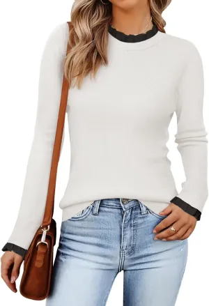 ZESICA Womens Long Sleeve Ruffle Sweaters 2025 Fall Crewneck Color Block Slim Fit Basic Casual Knit Pullover Sweater Tops