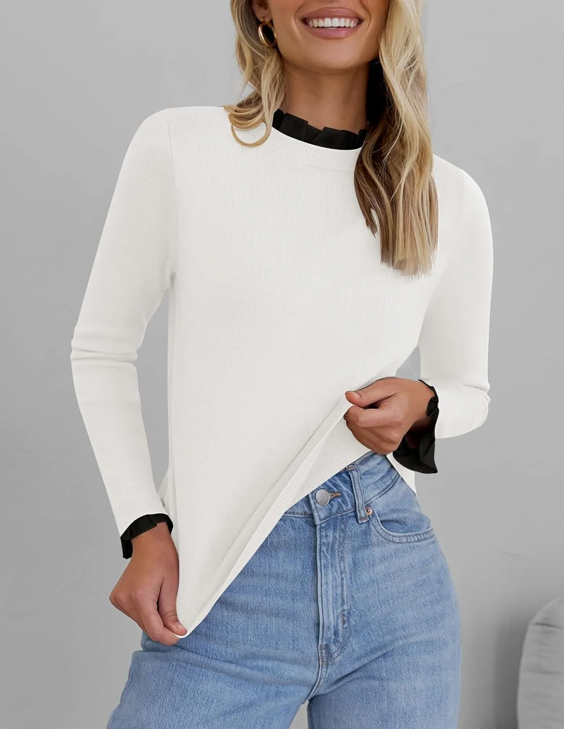 ZESICA Womens Long Sleeve Ruffle Sweaters 2025 Fall Crewneck Color Block Slim Fit Basic Casual Knit Pullover Sweater Tops