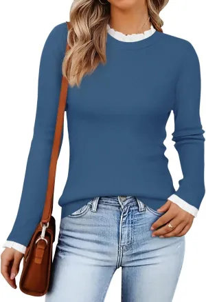 ZESICA Womens Long Sleeve Ruffle Sweaters 2025 Fall Crewneck Color Block Slim Fit Basic Casual Knit Pullover Sweater Tops