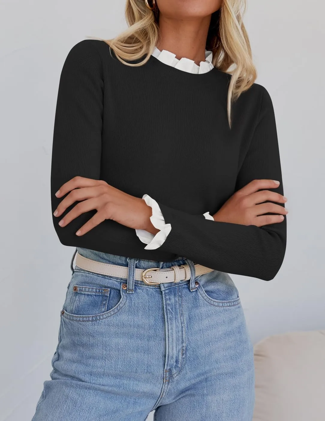 ZESICA Womens Long Sleeve Ruffle Sweaters 2025 Fall Crewneck Color Block Slim Fit Basic Casual Knit Pullover Sweater Tops