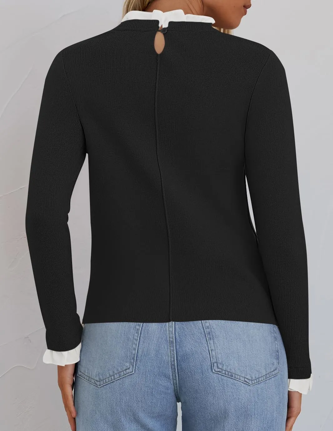 ZESICA Womens Long Sleeve Ruffle Sweaters 2025 Fall Crewneck Color Block Slim Fit Basic Casual Knit Pullover Sweater Tops