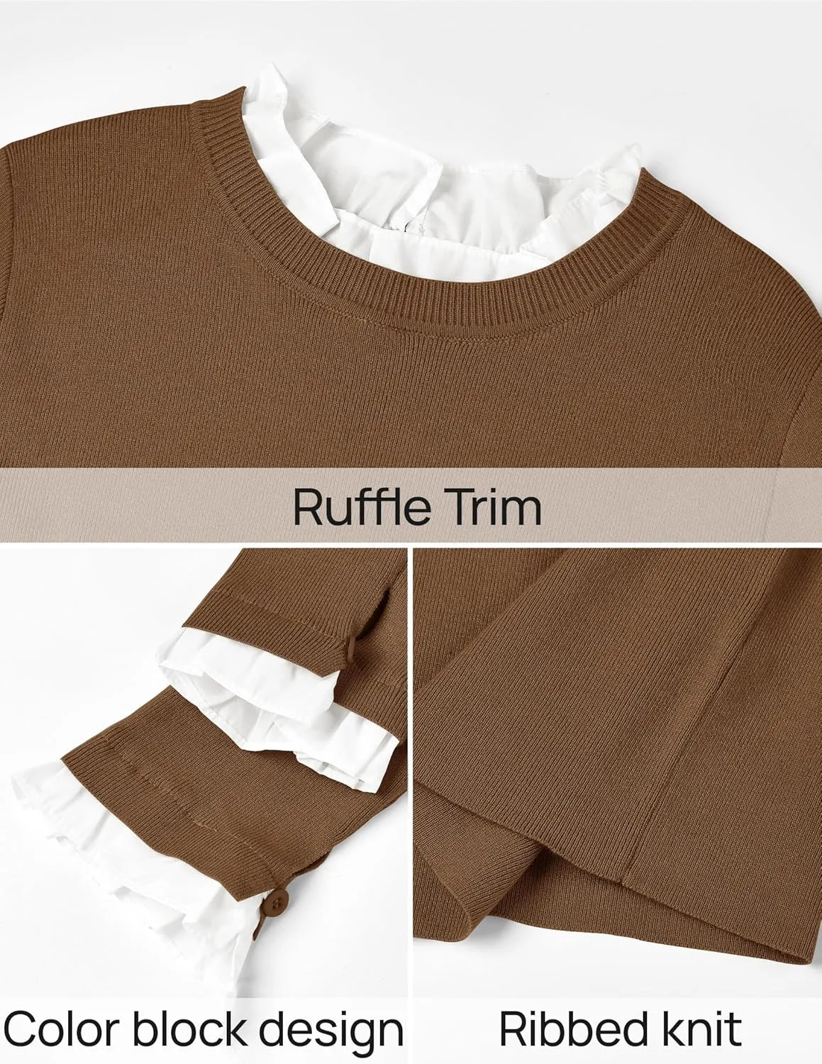 ZESICA Womens Long Sleeve Ruffle Sweaters 2025 Fall Crewneck Color Block Slim Fit Basic Casual Knit Pullover Sweater Tops