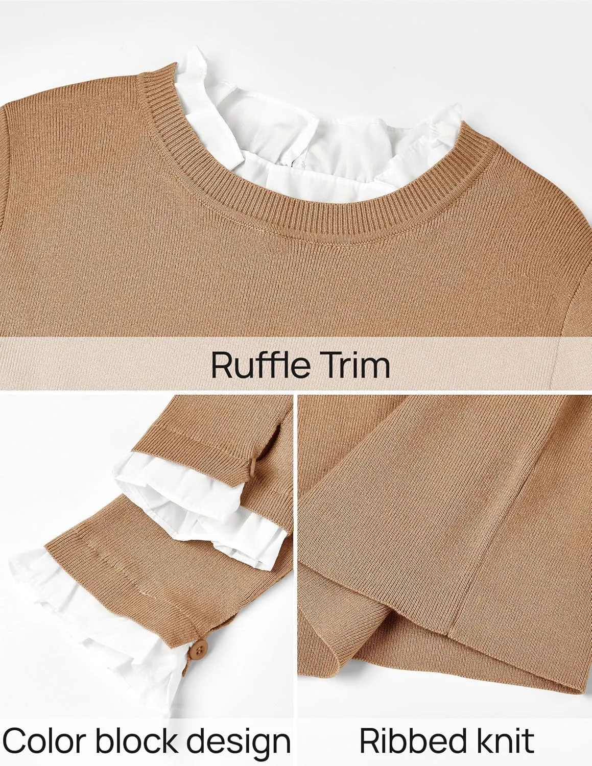 ZESICA Womens Long Sleeve Ruffle Sweaters 2025 Fall Crewneck Color Block Slim Fit Basic Casual Knit Pullover Sweater Tops