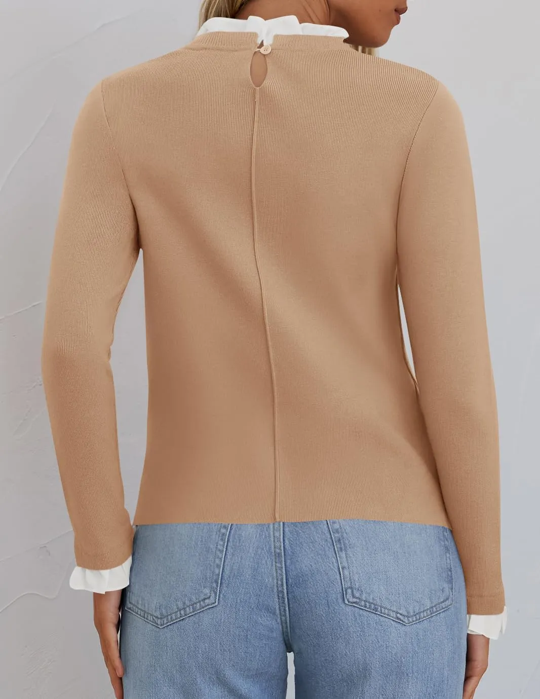ZESICA Womens Long Sleeve Ruffle Sweaters 2025 Fall Crewneck Color Block Slim Fit Basic Casual Knit Pullover Sweater Tops