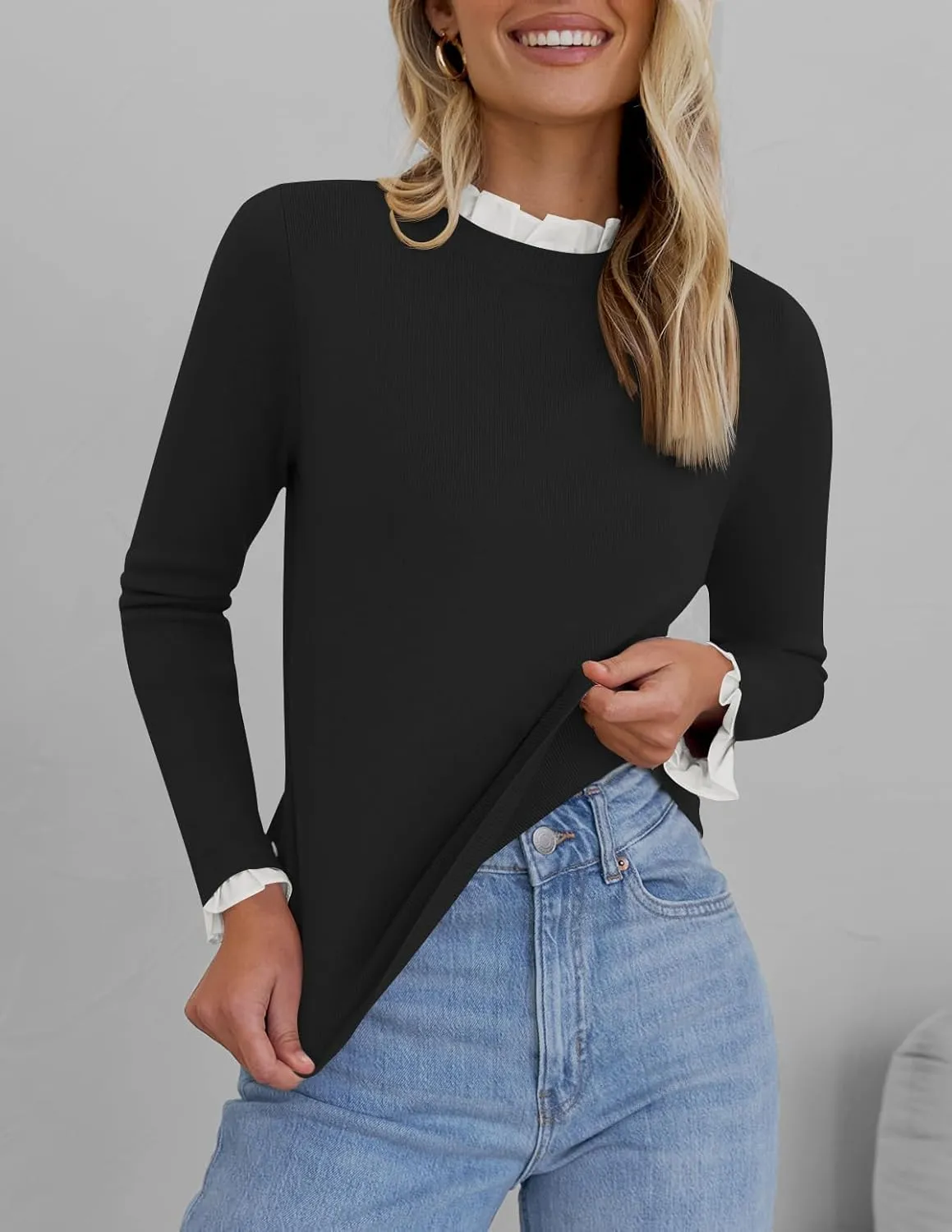 ZESICA Womens Long Sleeve Ruffle Sweaters 2025 Fall Crewneck Color Block Slim Fit Basic Casual Knit Pullover Sweater Tops