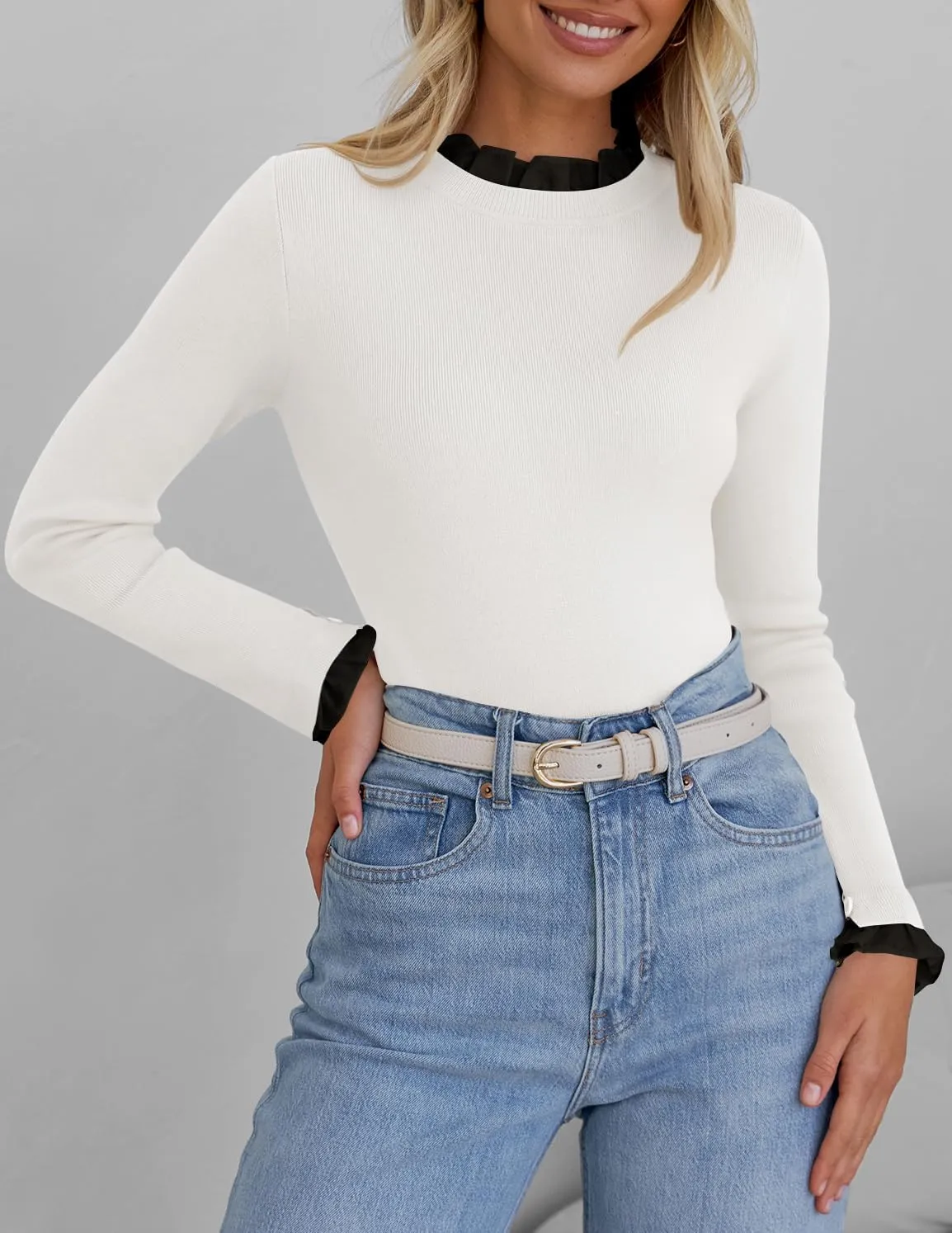 ZESICA Womens Long Sleeve Ruffle Sweaters 2025 Fall Crewneck Color Block Slim Fit Basic Casual Knit Pullover Sweater Tops