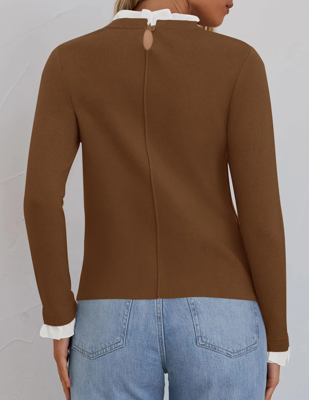 ZESICA Womens Long Sleeve Ruffle Sweaters 2025 Fall Crewneck Color Block Slim Fit Basic Casual Knit Pullover Sweater Tops