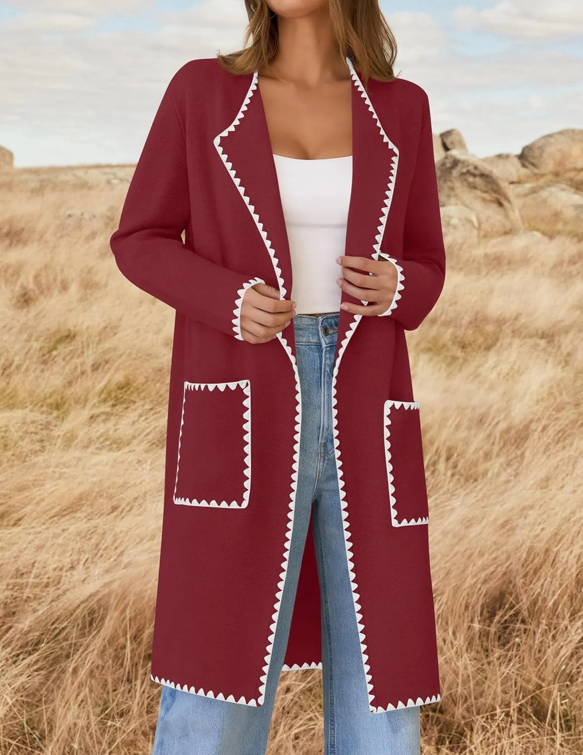 ZESICA Women's Open Front Long Cardigan Sweater Casual Lapel Coatigan Coat Fall Jacket Outerwear with Pockets