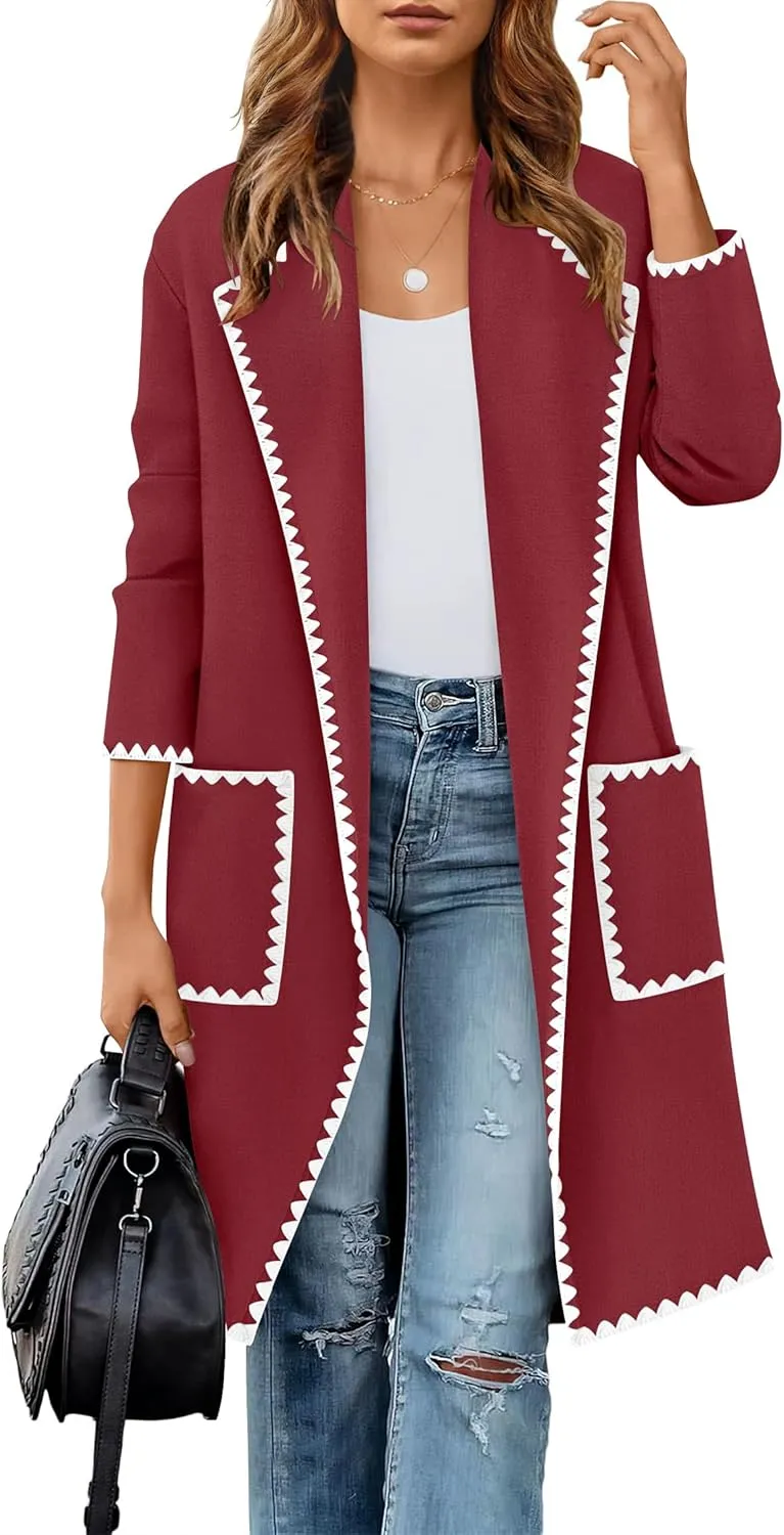 ZESICA Women's Open Front Long Cardigan Sweater Casual Lapel Coatigan Coat Fall Jacket Outerwear with Pockets
