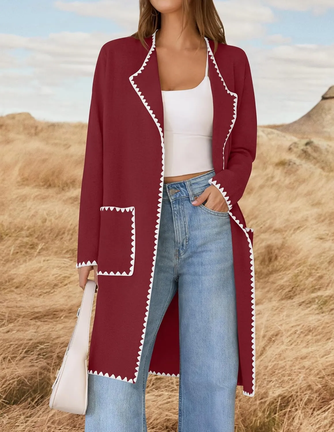 ZESICA Women's Open Front Long Cardigan Sweater Casual Lapel Coatigan Coat Fall Jacket Outerwear with Pockets