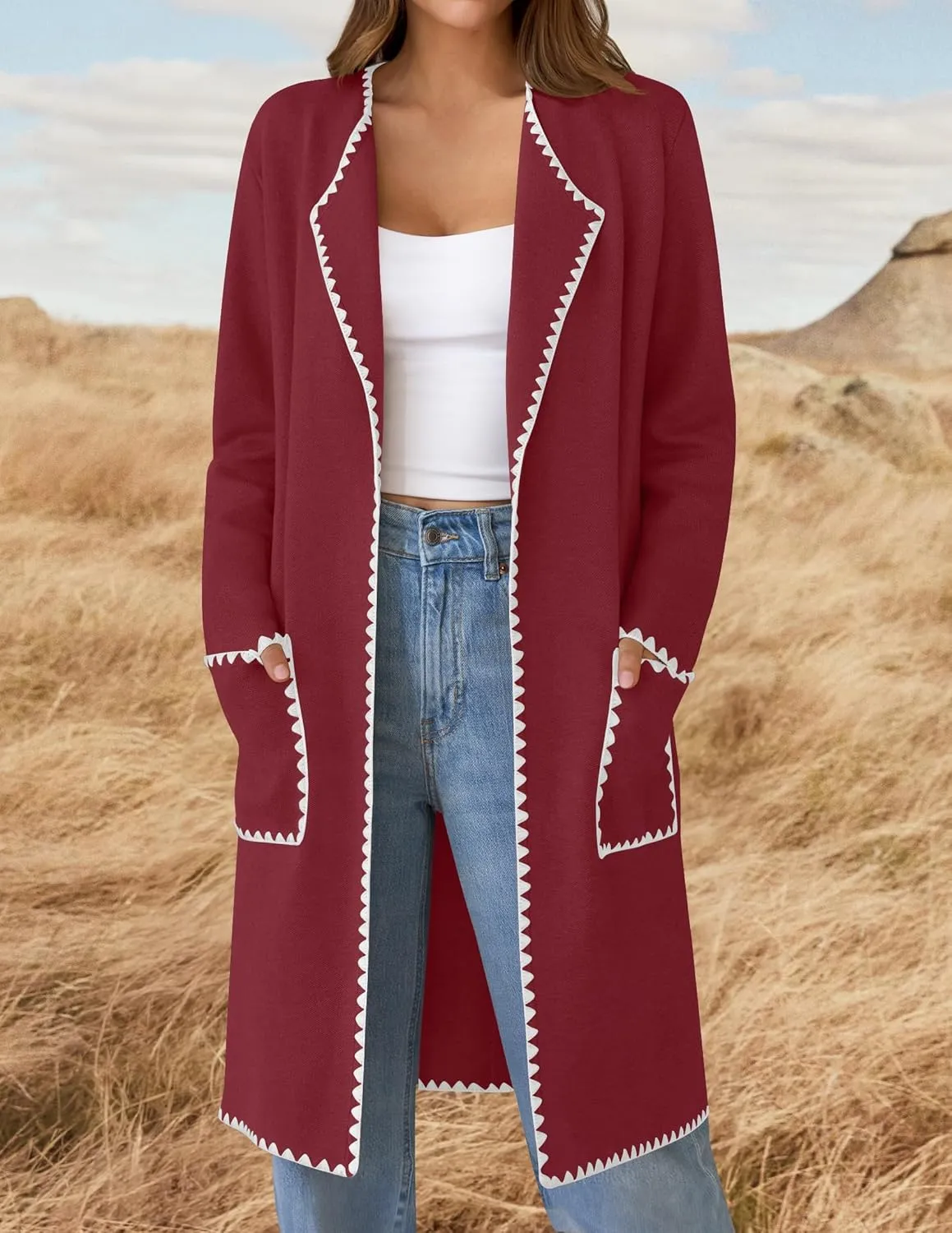 ZESICA Women's Open Front Long Cardigan Sweater Casual Lapel Coatigan Coat Fall Jacket Outerwear with Pockets