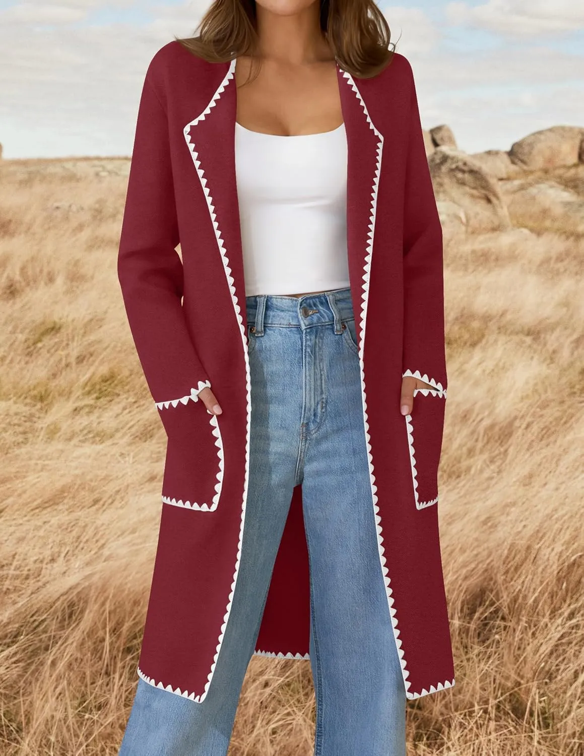 ZESICA Women's Open Front Long Cardigan Sweater Casual Lapel Coatigan Coat Fall Jacket Outerwear with Pockets