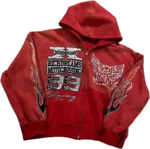 Zip Up Hoodie Grunge Jackets Streetwear Y2k Unisex Emo Vintage 2000s Outerwear Oversized Graphic Hoodies Star Rapper (Red,3XL,3X-Large)