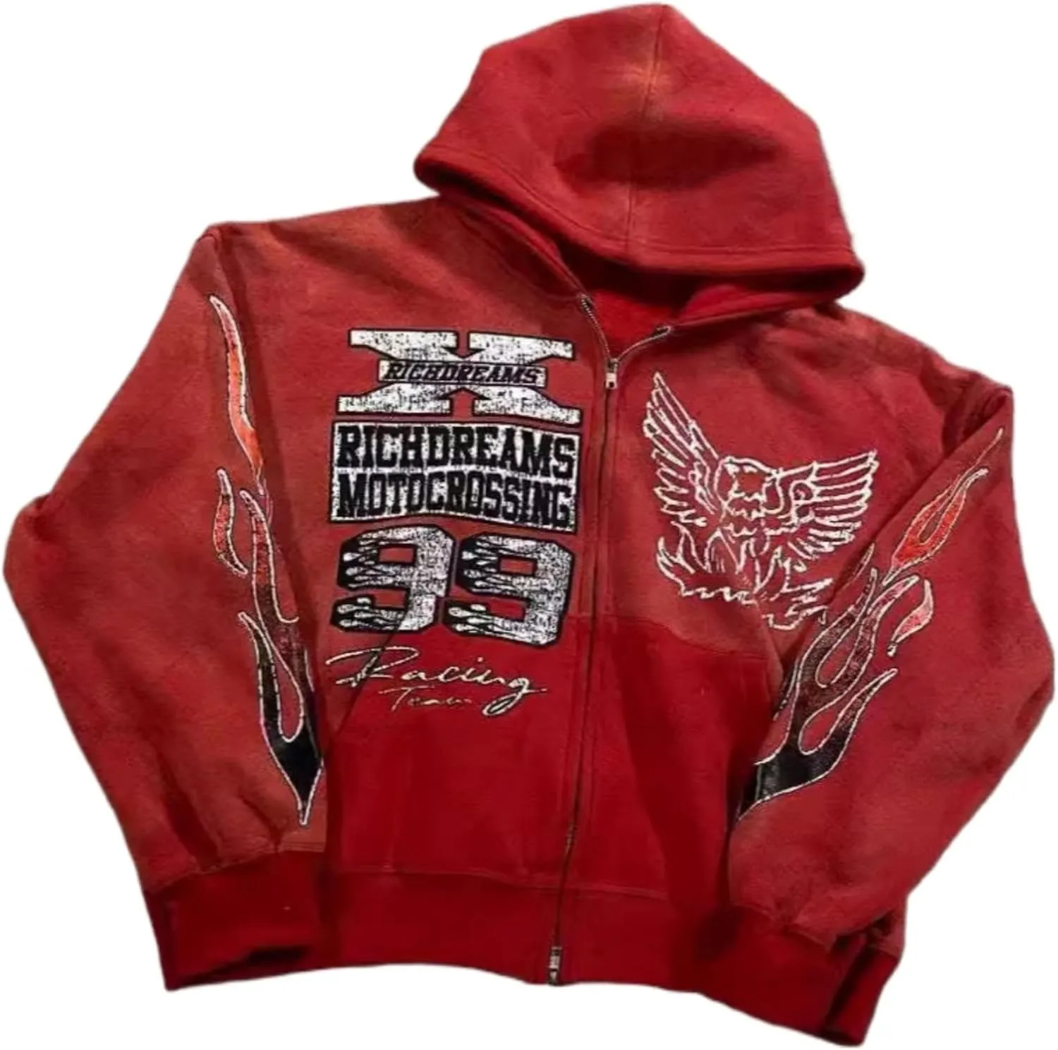 Zip Up Hoodie Grunge Jackets Streetwear Y2k Unisex Emo Vintage 2000s Outerwear Oversized Graphic Hoodies Star Rapper (Red,3XL,3X-Large)